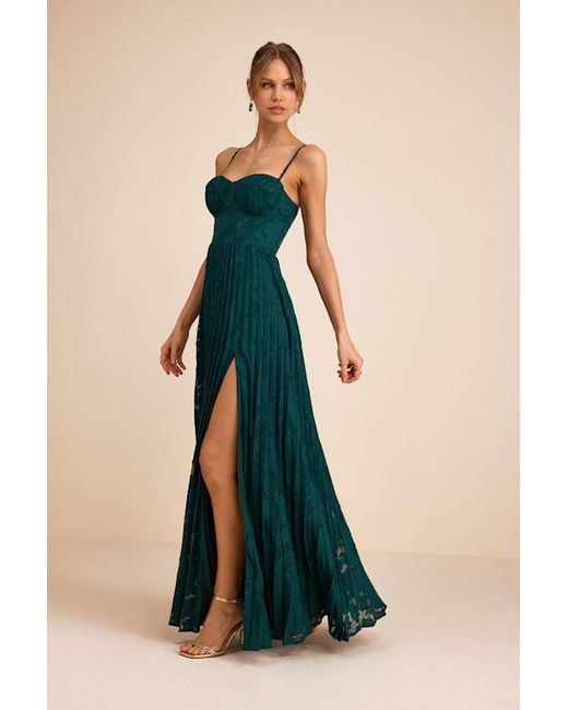 Lulus Blue Dacie Emerald Floral Burnout Pleated Bustier Maxi Dress