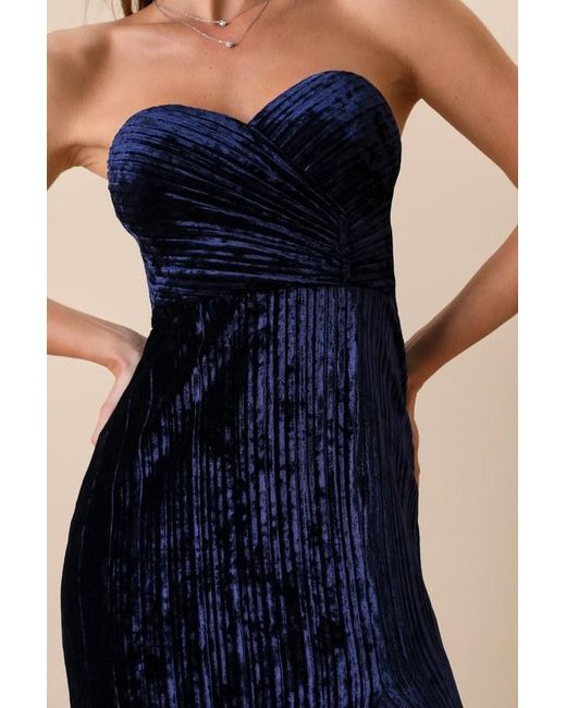 Lulus Blue Classy Sensation Velvet Pleated Strapless Maxi Dress