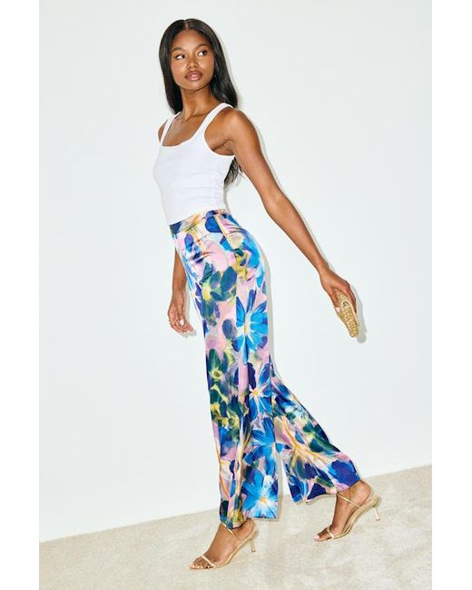 Lulus Blue Thriving Vibes Floral Print Satin Wide-Leg Pants