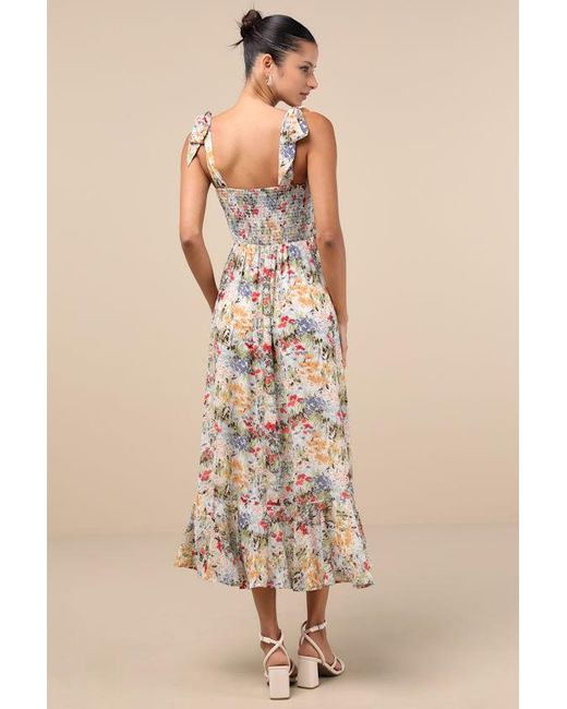 Lulus Natural Summer Invite Multi Floral Tie-Strap Tiered Midi Dress