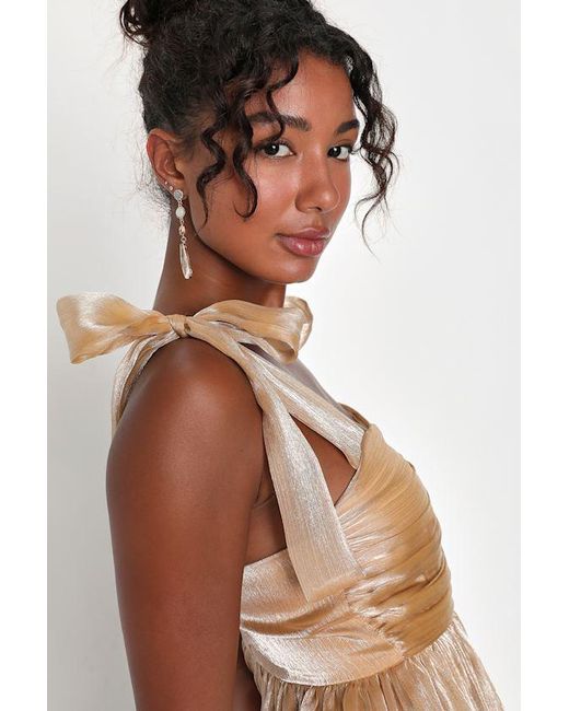 Lulus Natural Radiant Arrival Shiny Organza Tiered Tie-Strap Maxi Dress