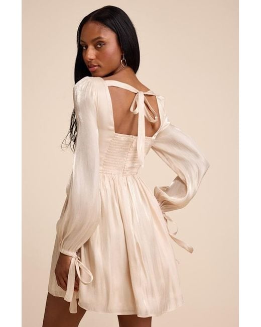 Lulus Natural Lirenda Shiny Balloon Sleeve Tie-Back Mini Dress