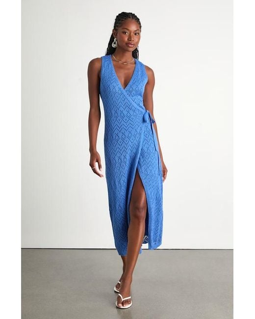 Lulus Blue Livia Pointelle Knit Wrap Midi Dress