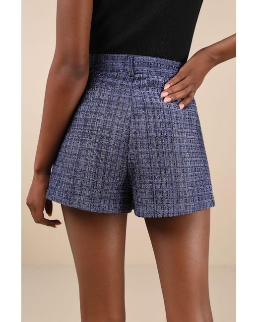 Lulus Blue Adored Pose Tweed Lurex Pleated High-Rise Skort