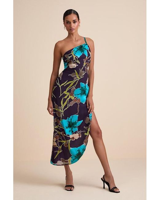 Lulus Blue Elzina Plum Floral Satin Asymmetrical Midi Dress