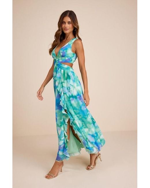 Lulus Blue Elisanna Multi Floral Lace-Up Midi Dress