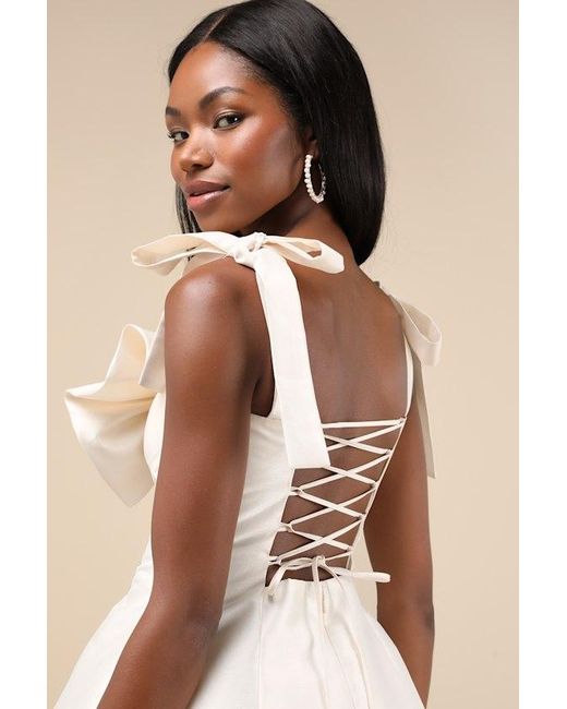 Lulus Natural Glamorous Luxury Taffeta Bow Lace-Up Mini Dress