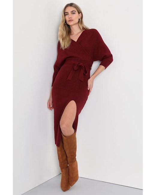 Lulus Red Fall Into Fashion Dolman Sleeve Sweater Midi Dress