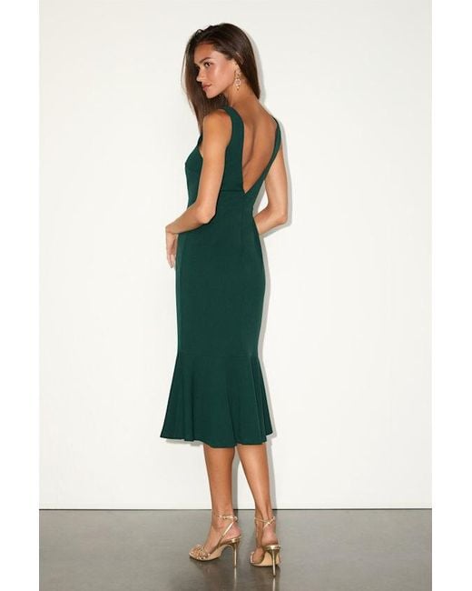 Lulus Green Moment Maker Emerald Square Neck Trumpet Midi Dress