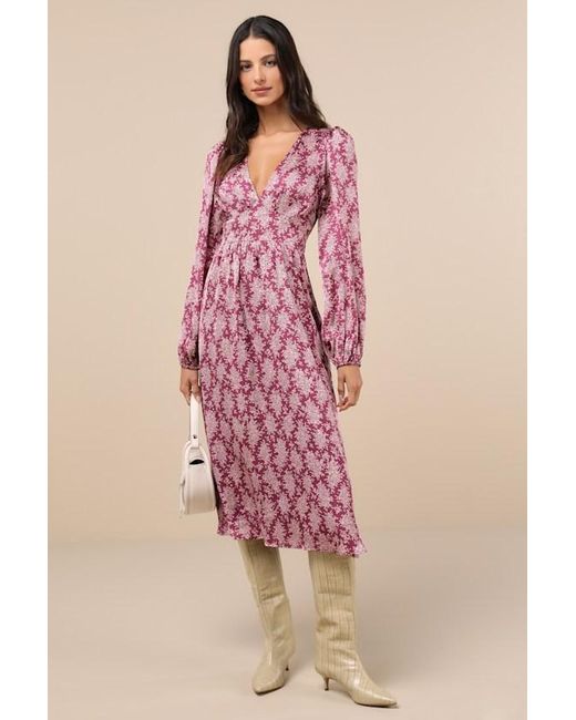 Lulus Pink Graceful Impression And Floral Print Midi Dress