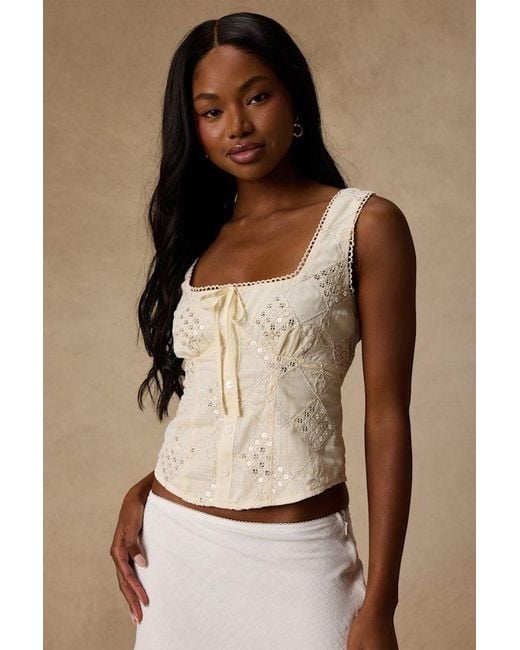 Lulus Brown Antionette Cream Embroidered Sequin Button-Front Top