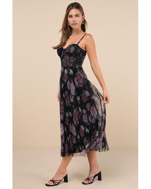 Lulus Black Alluring Invite Floral Pleated Bustier Midi Dress