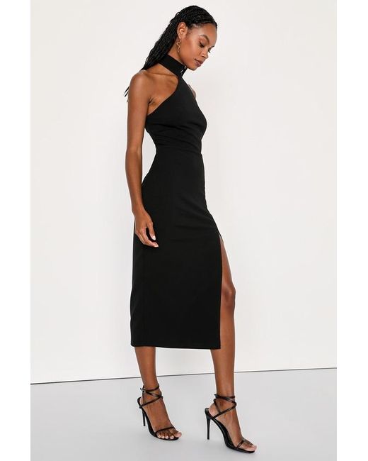 Lulus Black Keep It Interesting Asymmetrical Cutout Halter Midi Dress