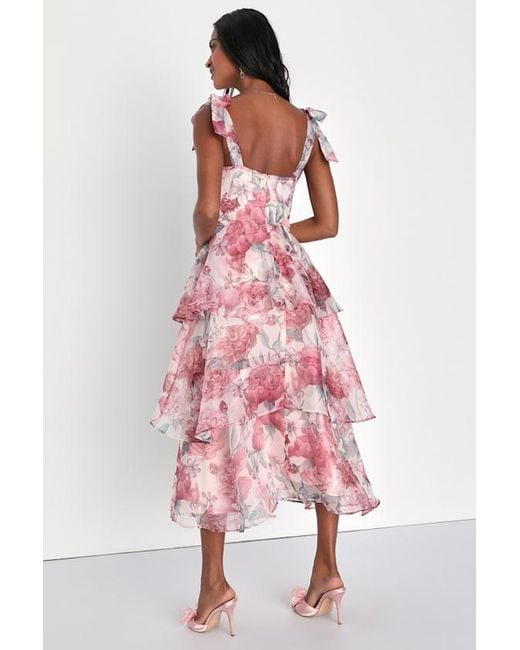 Lulus Playfully Posh Blush Floral Organza Tie-Strap Tiered Midi Dress