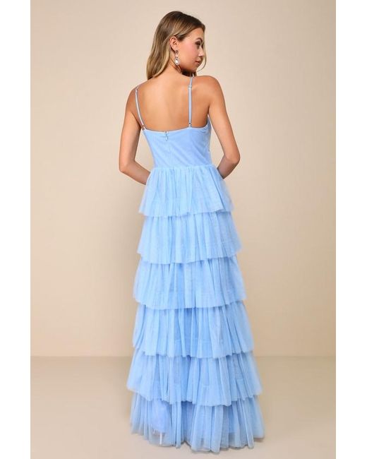 Lulus Blue Rule The Runway Light Tulle Surplice Tiered Maxi Dress