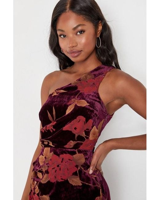 Lulus Red Unreal Awe Floral Burnout Velvet One-Shoulder Dress