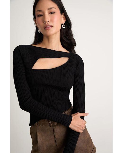 Lulus Black Yanis Ribbed Asymmetrical Cutout Long Sleeve Top