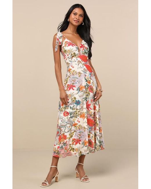 Lulus Natural Simply Blissful Multi Floral Tie-Strap A-Line Midi Dress