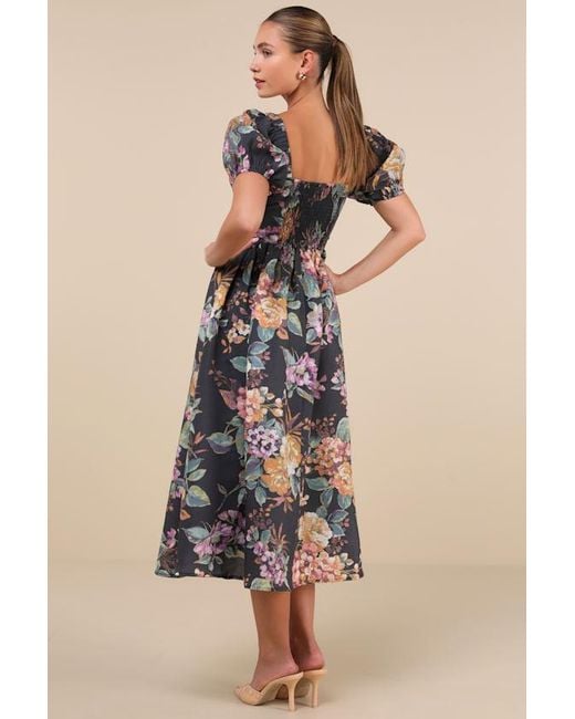 Lulus Adorable Tendencies Floral Puff Sleeve Midi Dress in Gray | Lyst