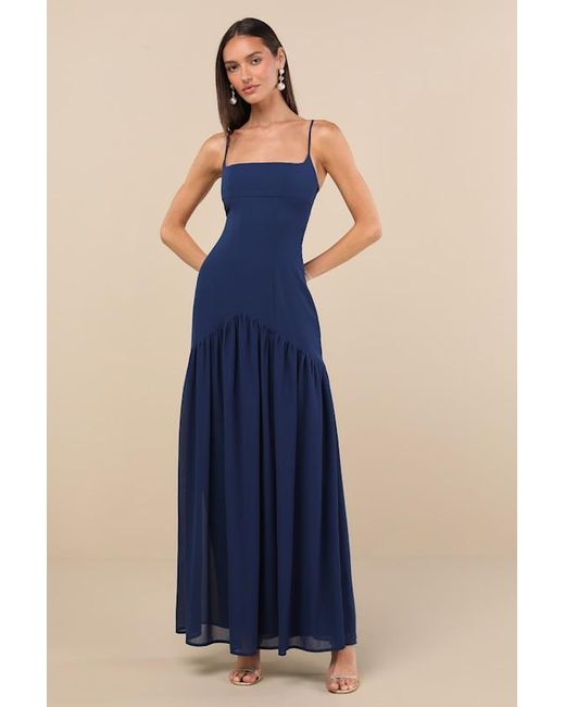 Lulus Blue Auria Chiffon Drop Waist Maxi Dress