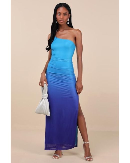 Lulus Blue Krista Ombre Mesh One-Shoulder Maxi Dress