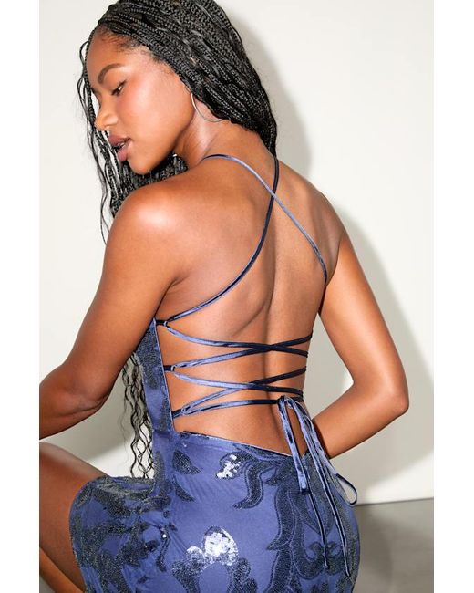 Lulus Blue Sincerest Shine Sequin Lace-Up Mini Dress