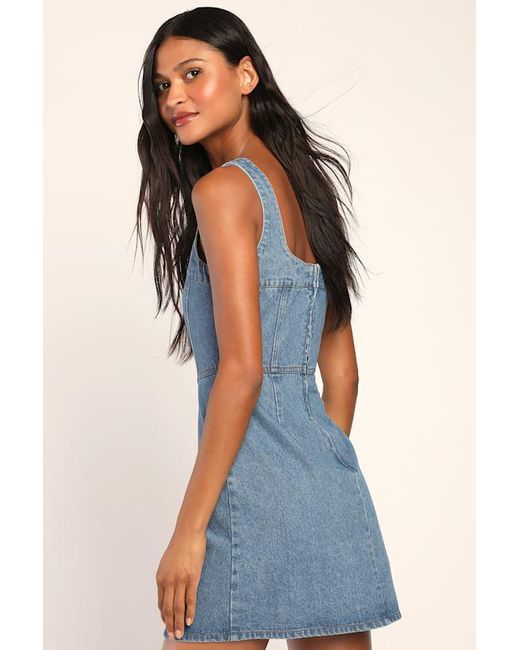 Lulus Blue So Delighted Medium Wash Denim Corset Seam Mini Dress
