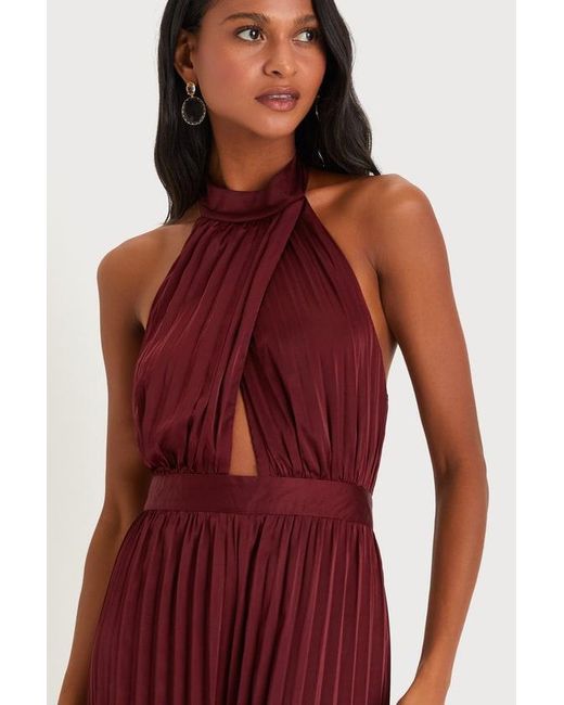 Lulus Red Confident Impression Satin Pleated Halter Jumpsuit