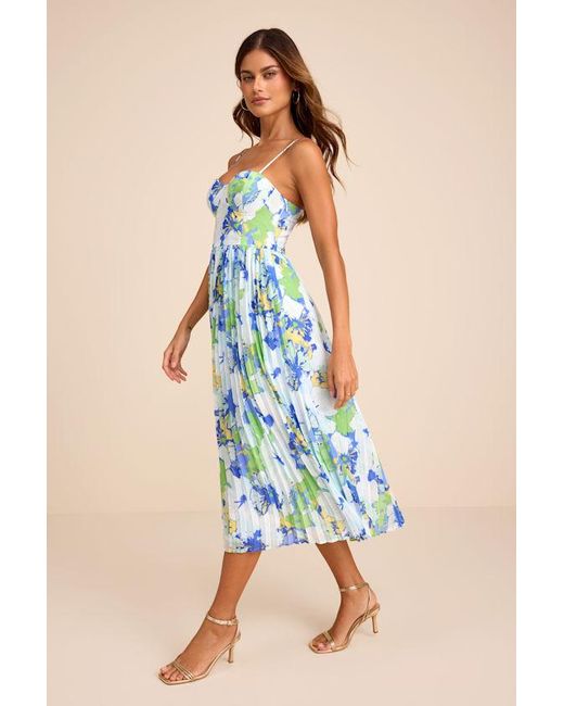 Lulus Blue Dorothy Multi Floral Print Pleated Midi Dress