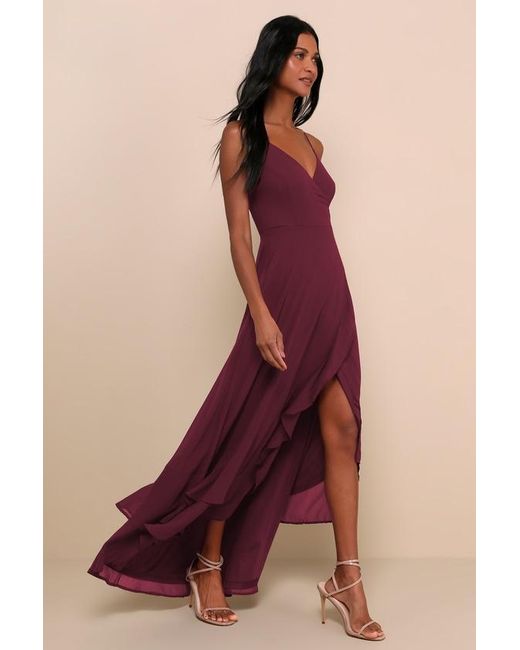 Lulus Red In Love Forever Plum Lace-Up High-Low Maxi Dress