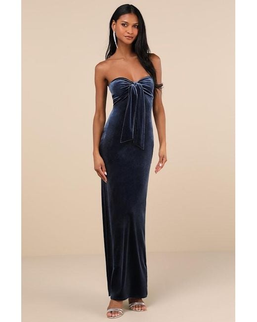 Lulus Blue Divine Existence Velvet Tie-Front Strapless Maxi Dress