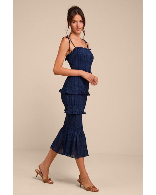 Lulus Blue Aymana Smocked Bodycon Midi Dress