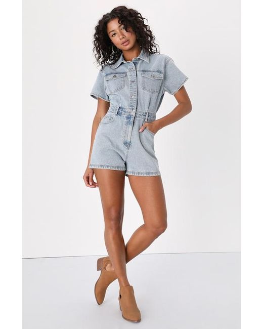 Lulus Blue Festival Feelin' Light Wash Short Sleeve Denim Romper