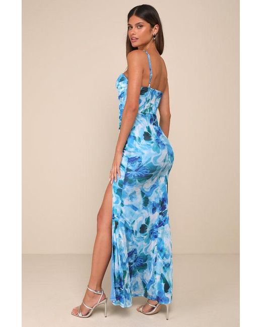Lulus Blue Stunning Wonder Floral Mesh Bustier Mermaid Maxi Dress