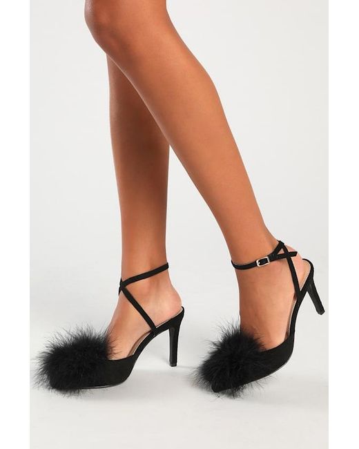 Lulus Black Brodyy Feather Pointed-Toe Ankle Strap Pumps