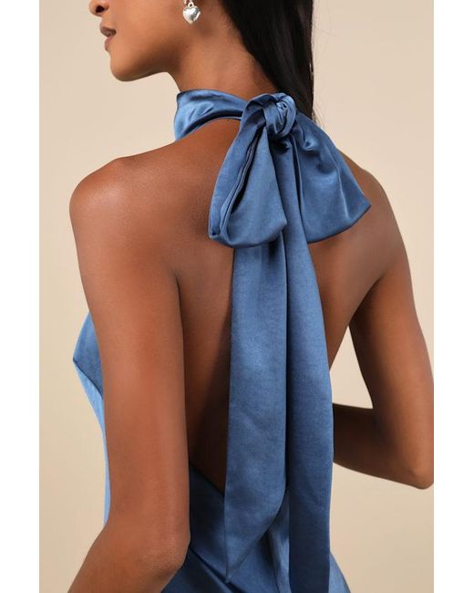Lulus Blue Exceptional Status Halter Backless Slip Midi Dress