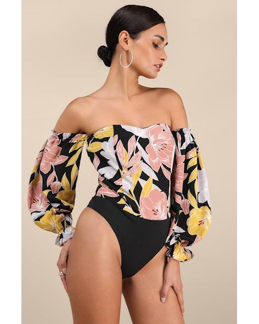 Lulus Black Bring The Blossom Floral Print Off-The-Shoulder Bodysuit