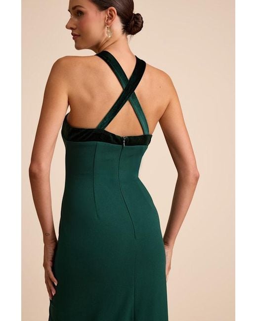 Lulus Green Bisian Velvet Bow Backless Apron Maxi Dress