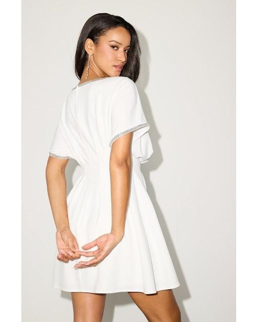 Lulus White Dessen Rhinestone Trim Short Sleeve Mini Dress