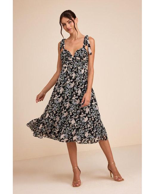 Lulus Black Lush Loveliness Floral Lurex Tie-Strap Midi Dress