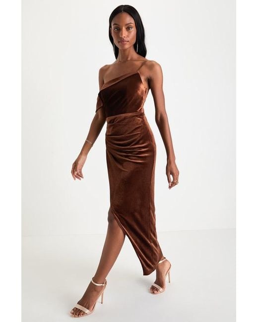 Lulus Red Showing Off A Little Velvet Asymmetrical Tulip Midi Dress