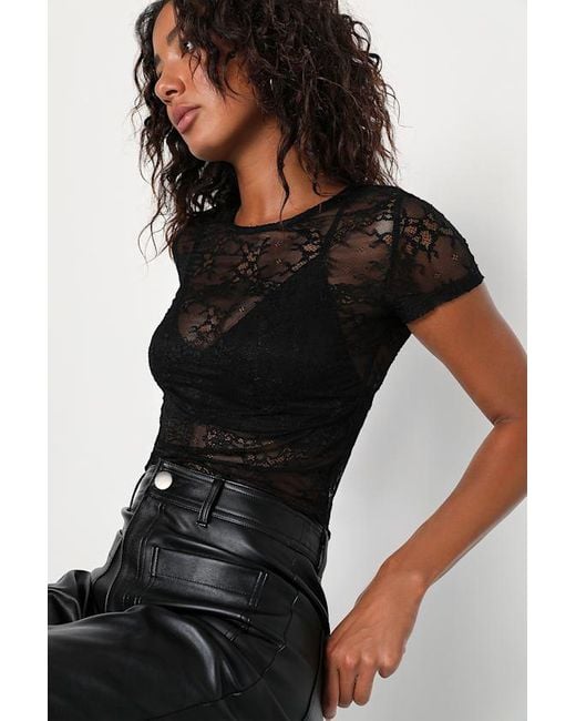Lulus Black Clearly Sultry Lace Sheer Short Sleeve Top