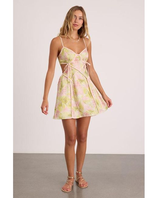 Lulus Natural Farrah Lime And Leaf Print Cutout Mini Dress