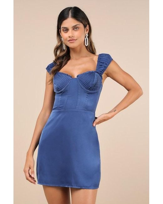 Lulus Blue Perfected Aesthetic Satin Ruffled Bustier Mini Dress