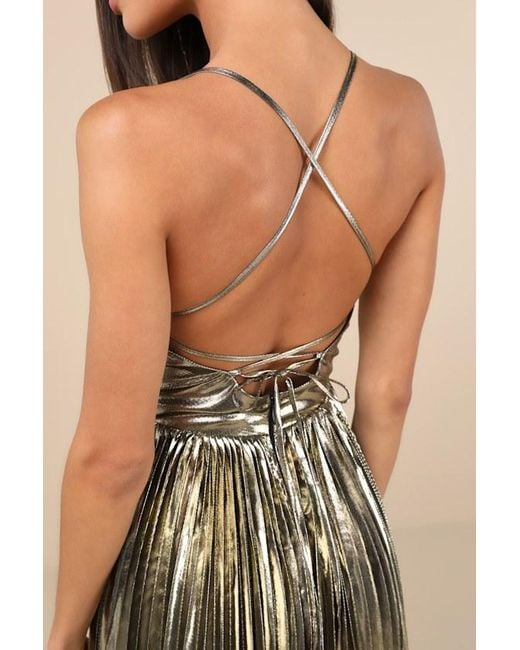 Lulus Natural Glamorous Choice Metallic Pleated Lace-Up Mini Dress