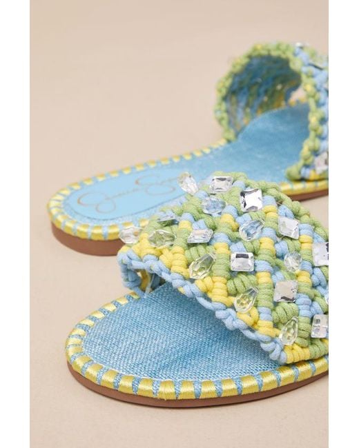 Jessica Simpson Blue Brennara Chambre Lizard Woven Rhinestone Slide Sandals