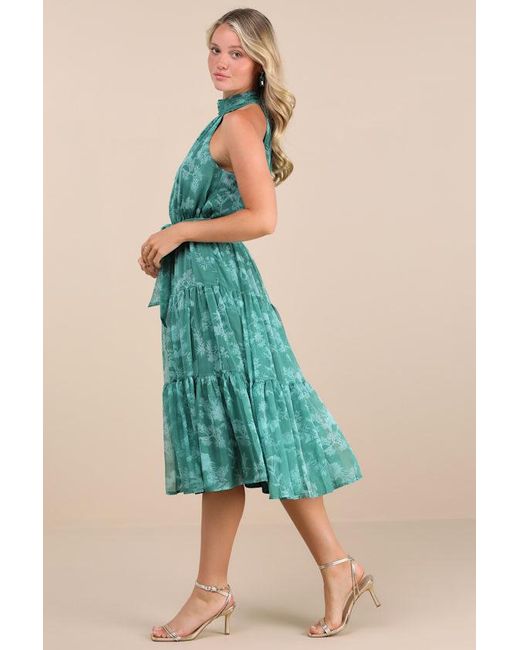 Lulus Green Float To You Floral Print Halter Tiered Midi Dress
