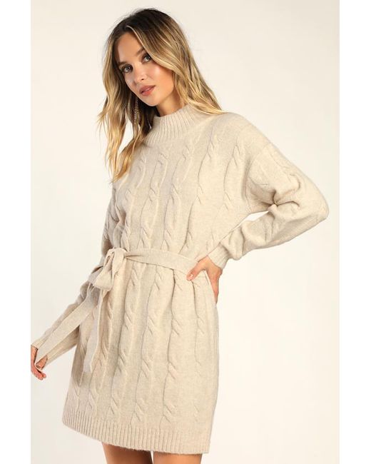Lulus Natural Warmed Up To You Cream Cable Knit Mock Neck Sweater Dress