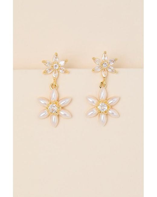 Lulus Natural Ira 14Kt Rhinestone Pearl Flower Drop Earrings