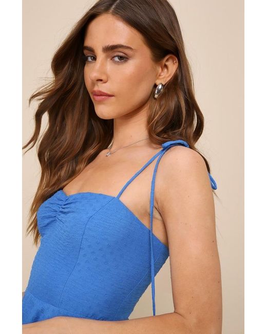 Lulus Blue Summer Certainty Embroidered Tie-Strap Skater Mini Dress